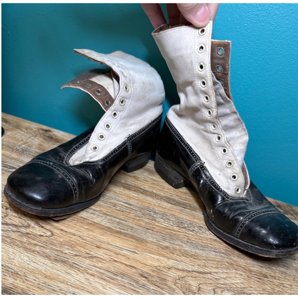 Antique Spectator Boots Black White Leather Victorian Edwardian Lace Up VTG Rare